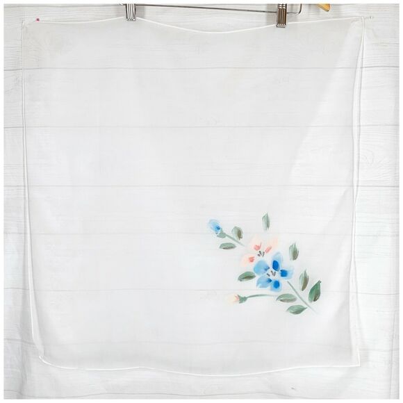 Handmade Accessories - HAND PAINTED White Chiffon Square Scarf FLORAL Blue Pink Green Sheer Rolled Edge